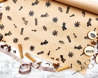 Exotic Spices Ink Stamps, Ginger, Star Anise, Cinnamon, Date, Clove Printing Blocks, Hand Carved Rubber Stamp, DIY Eco Wrapping Paper