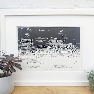 May include: Black and white framed art print depicting the ripple effect of raindrops on water. The artwork is in a white frame and is displayed on a wooden surface. The print is next to a potted succulent.