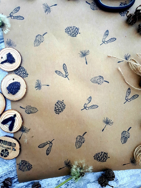Seeds Ink Stamps, Pine Cone, Sycamore, Dandelion, Acorn, Poppy, Rosehip Printing Block, Hand Carved Rubber Stamp, DIY Eco Wrapping Paper