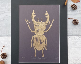 Golden Stag Beetle Linocut, Impresión Monocromática Avispa, Obra De Arte Original Impresa A Mano, Arte Mural Entomología, Arte de la Naturaleza, Regalo Amante de los Insectos