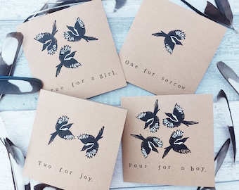 Hand Printed Linocut Valentines Day Card, Handmade Sympathy Card, One For Sorrow Magpie Card, Baby Girl Boy Card, One for Joy Birthday Card