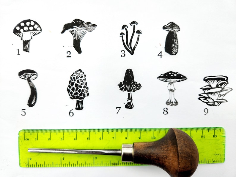May include: Nine black and white mushroom illustrations numbered 1-9. A green ruler with black markings and a wooden-handled carving tool are also present. The ruler measures approximately 6 inches in length.