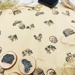 Hand Carved Farmyard Animals Ink Stamps, Rubber Printing Blocks, Ink Stamper Set, Cockerell, Cow, Pig, Ram, Tractor, Barn, Egg basket Stamps