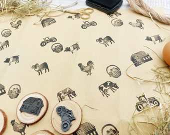 Hand Carved Farmyard Animals Ink Stamps, Rubber Printing Blocks, Ink Stamper Set, Cockerell, Cow, Pig, Ram, Tractor, Barn, Egg basket Stamps