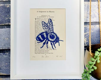 Bee in Blue Hand Printed Onto Poetry Paper, Unique Linocut Artwork, Nature Inspired Wall Art, Insect Lover Art