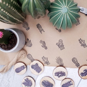 Sellos de tinta de cactus, bloque de impresión de cactus, tallado a mano, papel de regalo ecológico para hacer uno mismo, papel de regalo botánico hecho a mano, papel reciclable, mundo natural