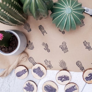 Cactus Ink Stamps, Cacti Printing Block, Hand Carved, DIY Eco Wrapping Paper, Handmade Botanical Gift Wrap, Recyclable Paper, Natural World