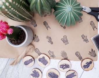 Cactus Ink Stamps, Cacti Printing Block, Hand Carved, DIY Eco Wrapping Paper, Handmade Botanical Gift Wrap, Recyclable Paper, Natural World