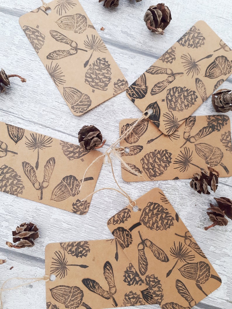 Seeds Ink Stamps, Pine Cone, Sycamore, Dandelion, Acorn, Poppy, Rosehip Printing Block, Hand Carved Rubber Stamp, DIY Eco Wrapping Paper image 3