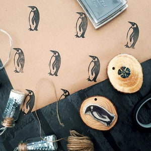 Pingouin, otarie, tampon encreur ours polaire, bloc d'impression de Noël, animaux polaires, papier d'emballage cadeau écologique DIY, estampe en caoutchouc fait main