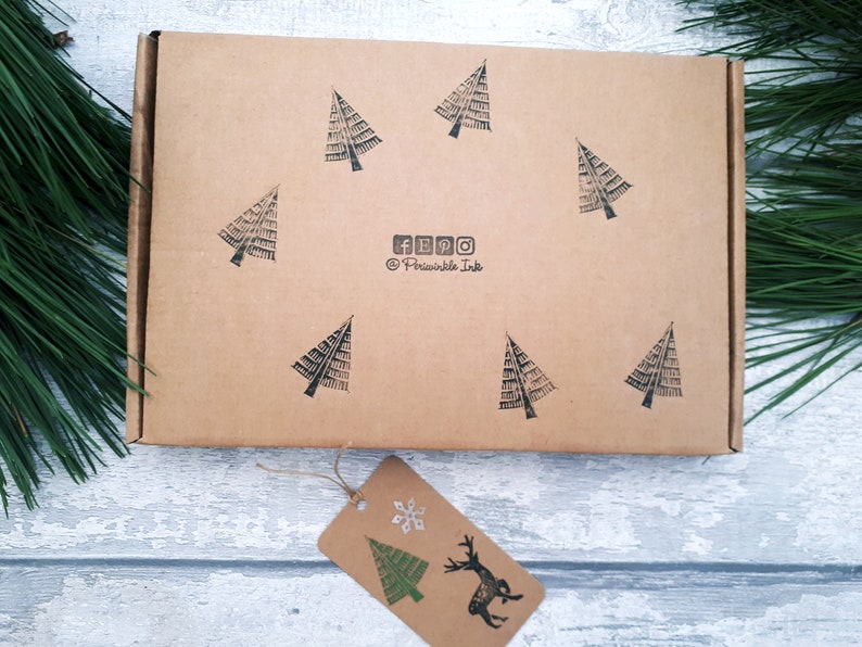 Hand carved Ink Stamp Set Gift Box, DIY Gift Tag Make Your Own Kit, Snail Mail Eco Gift Idea image 6