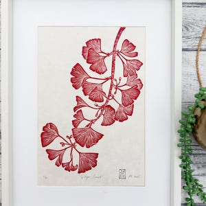 Linocut Ginkgo Branch Print in Rubine Red Ink, Original Hand Pulled Artwork, Hand Printed Wall Art Gift, Nature Inspired Art, Botanical Gift