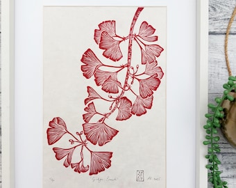 Linocut Ginkgo Branch Print in Rubine Red Ink, Original Hand Pulled Artwork, Hand Printed Wall Art Gift, Nature Inspired Art, Botanical Gift