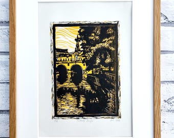 Pulteney Bridge Original Wall Art, Eco Friendly Linocut Art, European City Scenes, Bath Landmark Art, Sunset Artwork, River Avon Art