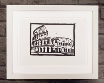 Silueta del Coliseo II, Arte histórico italiano, Arquitectura antigua Linocut, Arte de la Ciudad Europea, Obsequio masculino, Recuerdo de Roma, Aficionado al fútbol