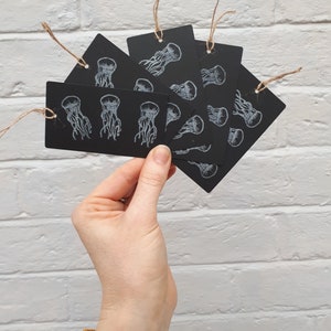 May include: A set of six black gift tags with white ink illustrations of jellyfish. The tags are tied with twine.