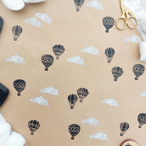 Hand Carved Hot Air Balloon and Cloud Ink Stamps, Rubber Printing Blocks, Ink Stamper Set,DIY Eco Recyclable Wrapping Paper