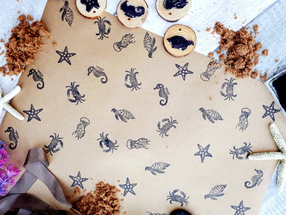 Sea Creatures Ink Stamps, Star Fish, Crab, Turtle, Jellyfish, Sea Horse, Angler Fish Printing Blocks, DIY Eco Wrapping Paper, Aquatic Stamps
