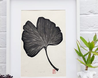 Linocut Ginkgo Leaf Print in Black, Original Hand Pulled Artwork, Hand Printed Wall Art Gift, Nature Inspired Art, Botanical Lover Gift