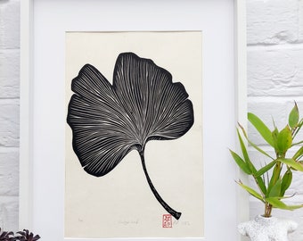 Linocut Ginkgo Leaf Print en negro, obra de arte original tirada a mano, regalo de arte de pared impreso a mano, arte inspirado en la naturaleza, regalo de amante botánico