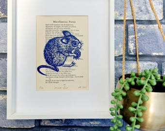 Mouse in Blue Hand Printed Onto Poetry Paper, Unique Linocut Artwork, Nature Inspired Wall Art, Field Mouse  Gift
