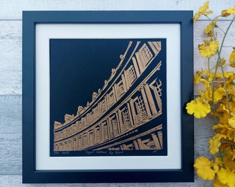 Bath Circus by Night Linocut Wall Art, British Architecture Lino Hand Pulled Print, Gold Decor Print, Bath City Scene Print