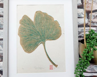 Linocut Ginkgo Leaf Print in Gold and Green, Original Hand Pulled Artwork, Hand Printed Wall Art Gift, Nature Inspired Art, Botanical Gift