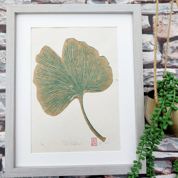 Linocut Ginkgo Leaf Print in Gold and Green, Original Hand Pulled Artwork, Hand Printed Wall Art Gift, Nature Inspired Art, Botanical Gift