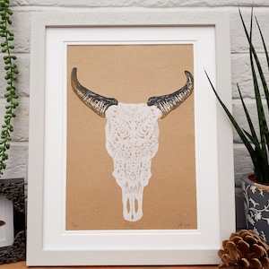 Carved Cow Skull Linocut Print, Original Eco Friendly Artwork, Hand Printed Wall Art Gift for Him