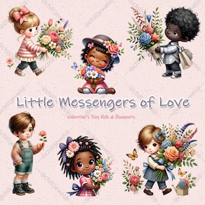 Little Messengers of Love – Valentijnsdag Kids & Bouquets Clipart Set I Instant download voor doe-het-zelvers, stickers, uitnodigingskaart, enz.
