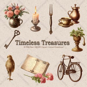 Tesoros atemporales: 39 imágenes prediseñadas estéticas vintage en formato PNG, ilustraciones antiguas, efímeras retro, gráficos de diarios antiguos, álbumes de recortes digitales