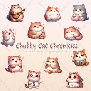 Chubby Cat Chronicles – Cute Kawaii Cat Clipart, Chubby Kitten Digital Sticker, Fat Cat PNG, Instant Download, Scrapbooking, Sublimation Art