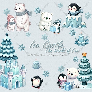 Conjunto de imágenes prediseñadas de castillo de hielo: osos polares y pingüinos en un paraíso invernal l 33 PNG Descarga instantánea l para calcomanías, álbumes de recortes, manualidades de bricolaje