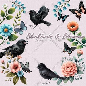 Merels en bloesems PNG-clipart, botanische graphics Zacht krijtstijl I Be your eigen soort mooi I Instant download voor alle doe-het-zelf-ambachten