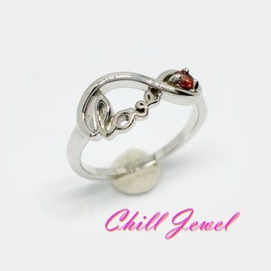 Sterling Silver &#39;Love&#39; Infinity Ring with Garnet Gemstone - Romantic Promise Ring – Valentine&#39;s Day Jewelry Gift, meaningful love forever