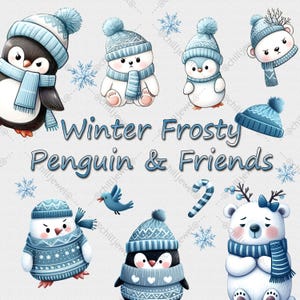 Süßer Winter Pinguin & Friends PNG Clipart | Crayon Art für Scrapbooking, Aufkleber, DIY Kunsthandwerk, digitaler Download, für Kinder, für Weihnachten