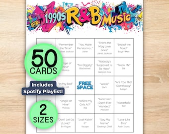 Bingo musical R&B de los 90, Música de los 90, Época dorada del R&B, Lista de reproducción de Spotify, 50 cartones de bingo únicos, Descarga instantánea e imprimible