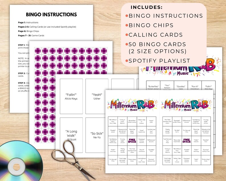 Może przedstawiać: Drukowany zestaw do gry w bingo z muzyką R&B z tysiąclecia. Zestaw zawiera 50 kart do bingo, karty do odczytywania, żetony do bingo i instrukcje. Karty do gry przedstawiają r&oacute;żnorodne popularne piosenki R&B z lat 2000.