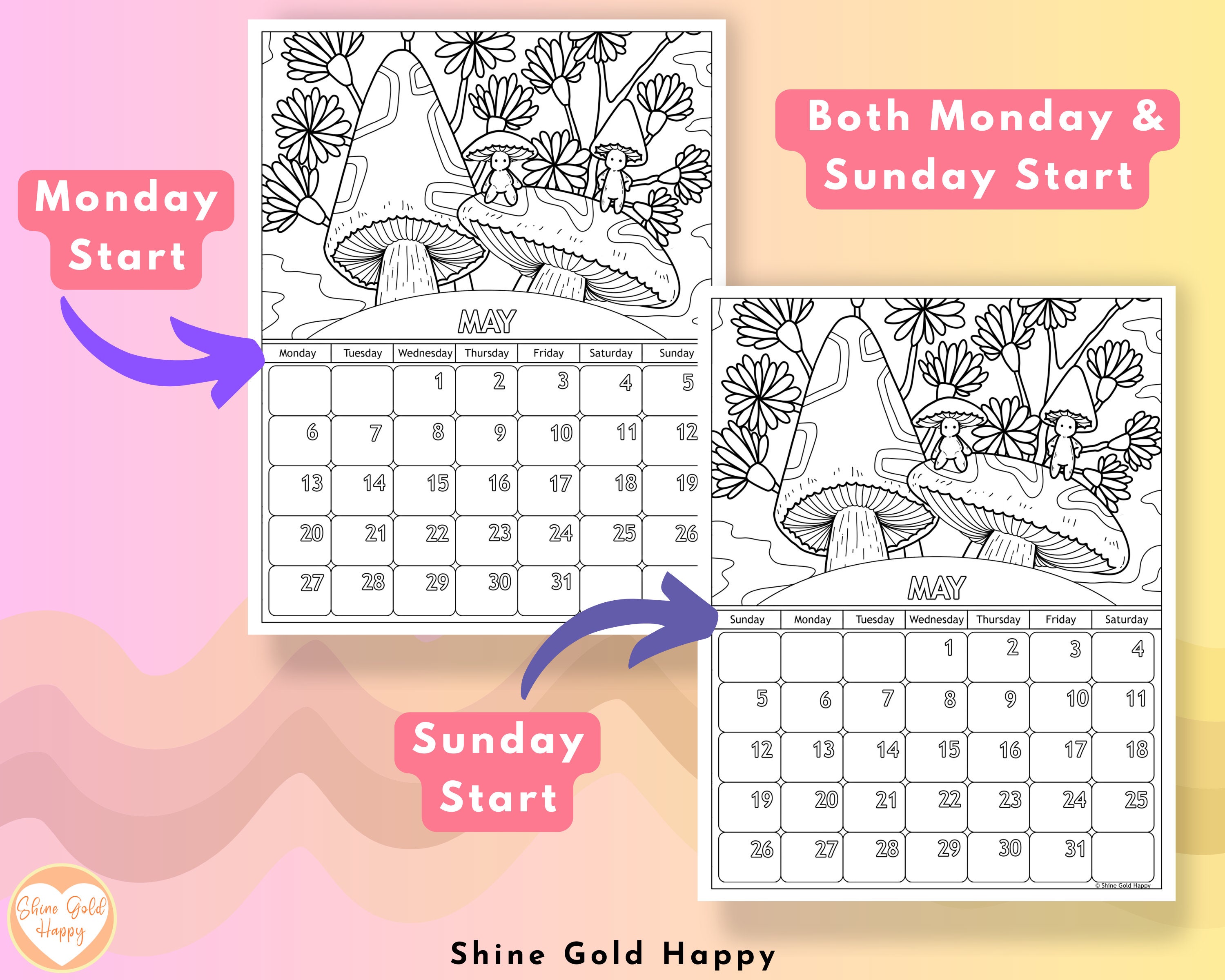 2024 Mushroom Coloring Calendar Printable Calendar 2024 PDF Digital