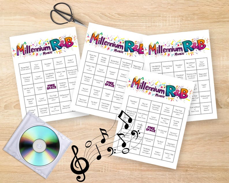 Może przedstawiać: Cztery drukowane karty do bingo z kolorowym tytułem Millennium R&B Music. Każda karta ma siatkę 5x5 z tytułami piosenek z ery R&B z lat 90. i 2000. Centralne pole każdej karty zawiera napis "WOLNE MIEJSCE".