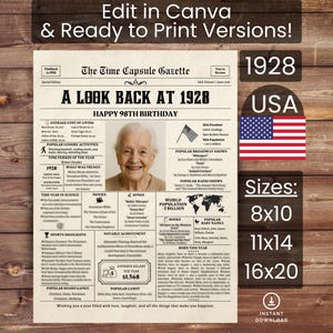 98th Birthday Poster Newspaper Canva Template, Born in 1928 USA, Sign, Party Decor, Gift, Custom Personalized Printable Instant Download
