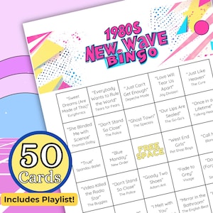Bingo musical: bingo de la nueva ola de los años 80, música de la nueva ola, 50 cartones de bingo únicos, descarga instantánea e imprimible