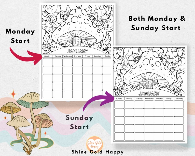 Undated Mushroom Calendar Printable Calendar PDF Digital Etsy
