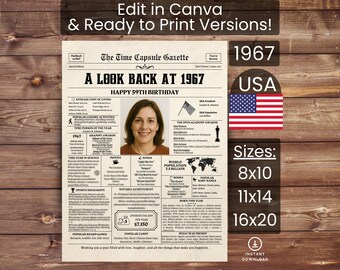 59th Birthday Poster Newspaper Canva Template, Born in 1967 USA, Sign, Party Decor, Gift, Custom Personalized Printable Instant Download