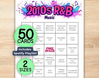 Bingo musical R&B de la década de 2010, R&B moderno, lista de reproducción de Spotify, 50 cartones de bingo únicos, descarga instantánea e imprimible