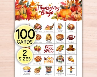 Thanksgiving-Bingo, 100 einzigartige Bingokarten, Thanksgiving-Spiele, Friendsgiving, Aktivität für Kinder, Tischspiel, zum Ausdrucken