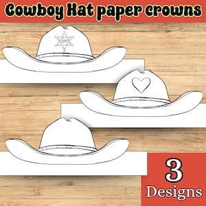 Chapéu de cowboy coroa de papel, chapéu de xerife, chapéu de cowgirl, atividade de colorir para crianças, download instantâneo para impressão