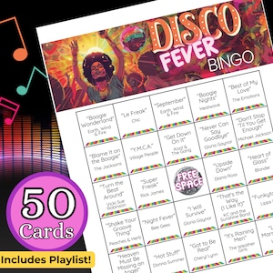 Muziekbingo, Disco Fever Bingo-afdrukbaar spel, Spotify-afspeellijst inbegrepen, 50 bingokaarten, Direct downloaden