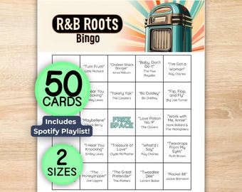 RnB Roots Music Bingo, 1940s-1950s, Origins of RnB, Soul Music, Spotify Playlist, 50 Unique Bingo Cards, Printable Instant Download