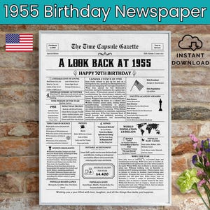 70er Geburtstag Zeitung, geboren 1955, 70er Geburtstag Geschenk, Geburtstag Poster, 1955 USA, Printable Instant Download